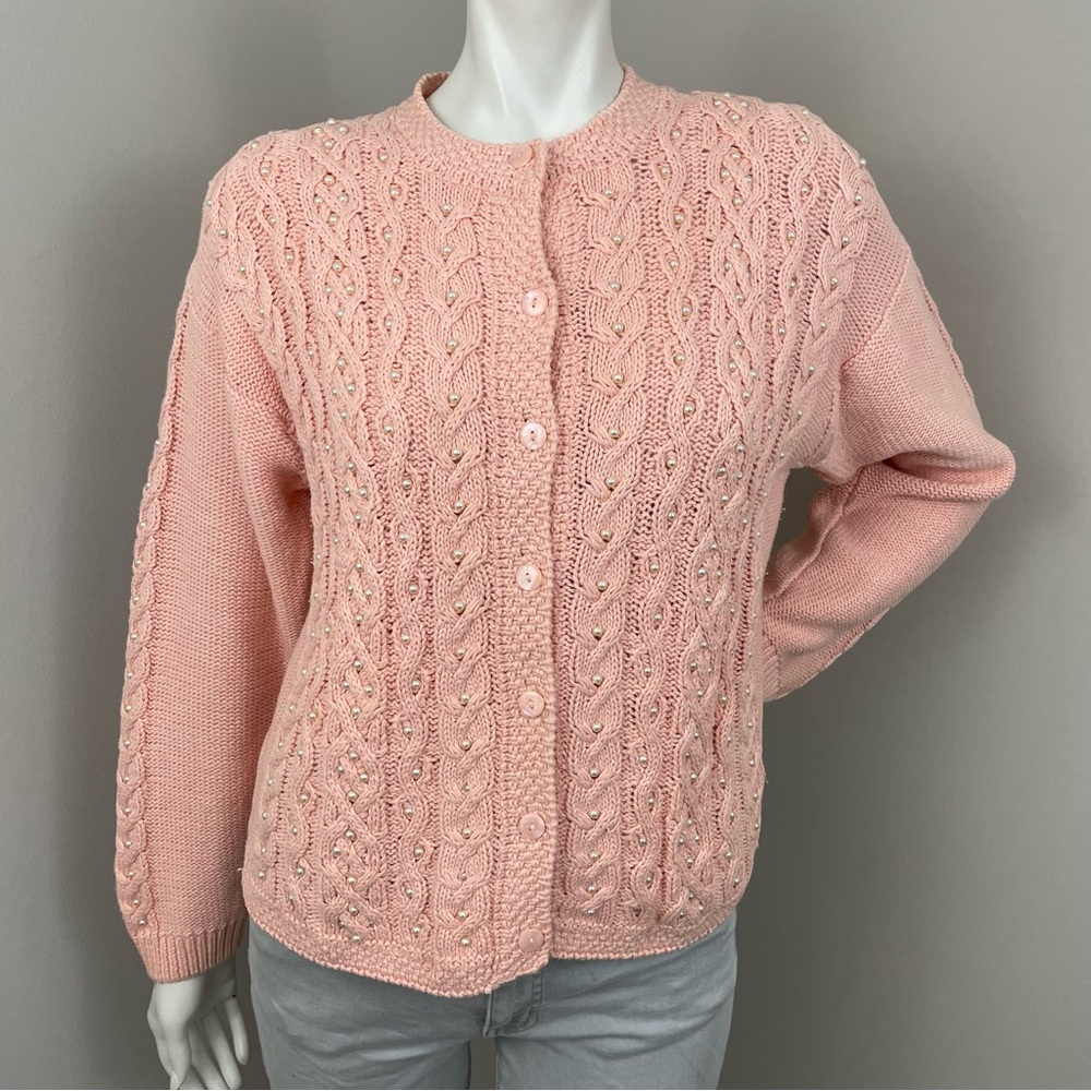 VINTAGE ROSANNA Pink Pearl Covered Coquette Cottage Core Cardigan Sweater